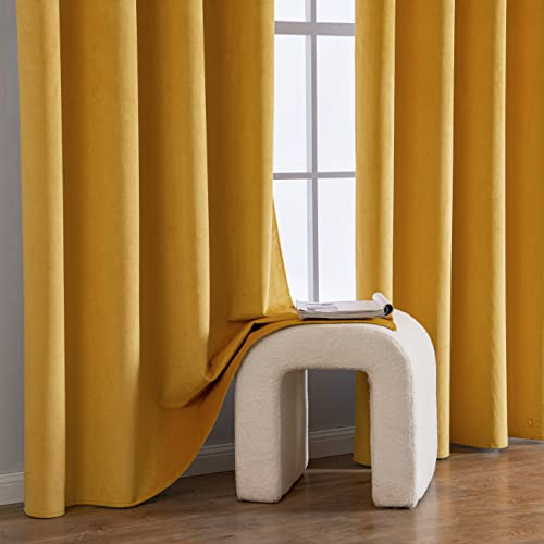 Emema 100% Blackout Velvet Curtains 84 Inches Long Yellow Curtains Drapes Bedroom Living Room Darkening Window Treatment Drapes Thermal Insulated Grommet Light Blocking, 2 Panels, W52 X L84 #TOP4