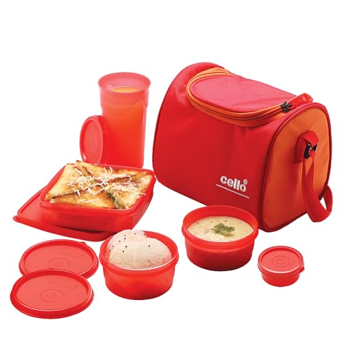 Image of CELLO MF Plastic Sling Lunch Box | Leather Carry Pouch | Office | School | Set of 5 Containers, Orange, 250 Milliliter