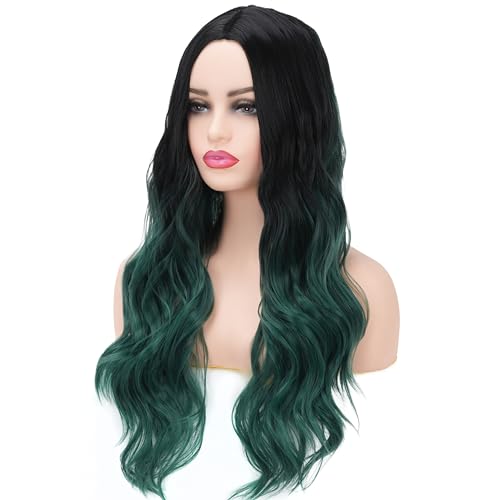 Black and Green Wig for Women Long Curly Wavy Wig Ombre Dark Green Wigs Middle Part Natural Looking Wig for Daily Party Use - Image 4