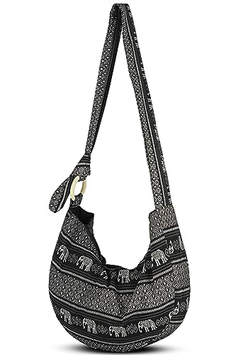 Image of Hobo Crossbody Bag for Women - Handmade Cotton Boho Purse with Wooden Ring | Lightweight Slouchy Shoulder Sling Tote Bag