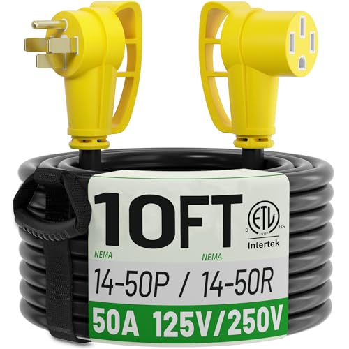 POWGRN NEMA 14-50P to NEMA 14-50R 10 FT 50 Amp RV/EV Extension Cord Outdoor with Grip Handle Flexible Heavy Duty RV Power Cord Waterproof 50A 125/250V 6250/12500W STW Black-Yellow ETL Listed