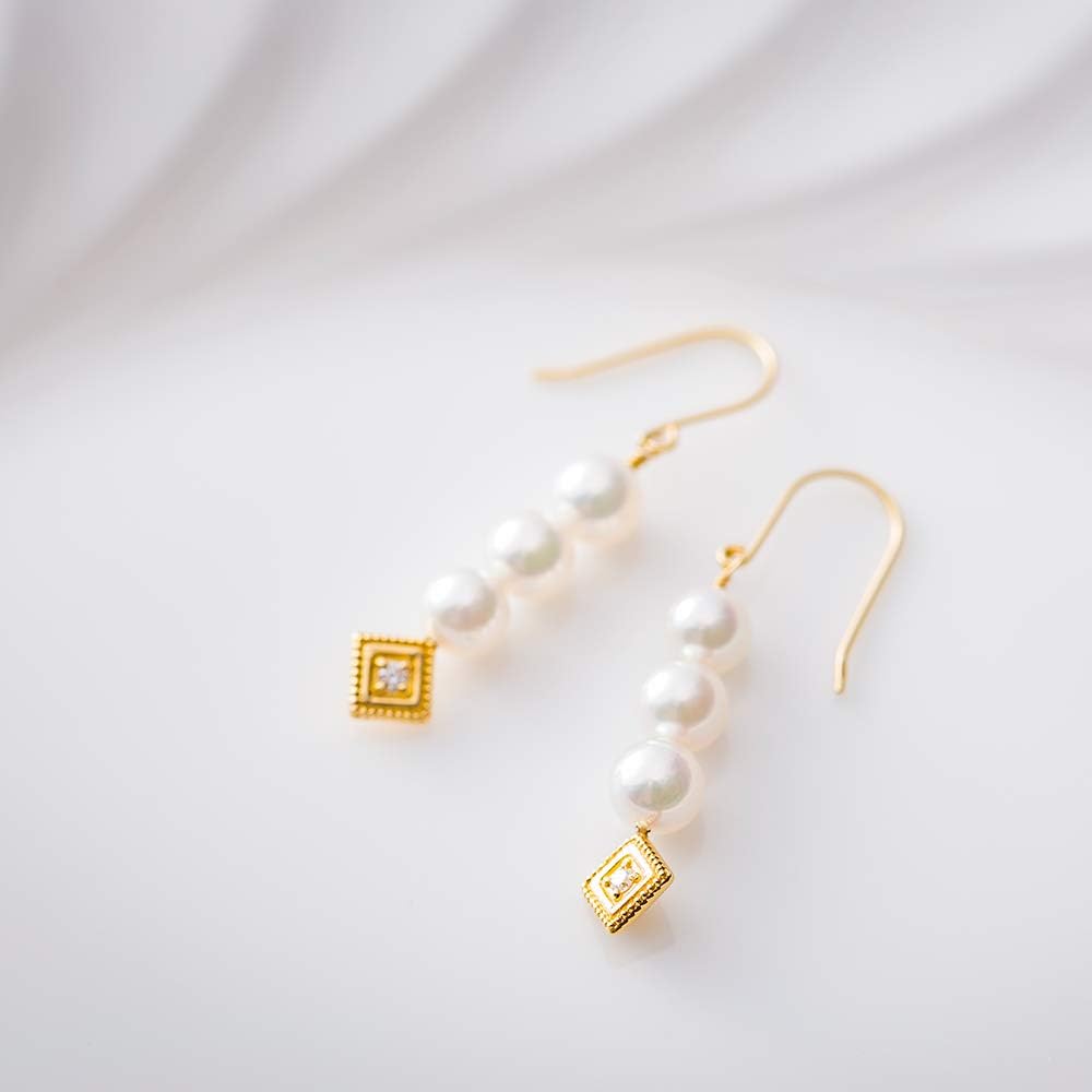 Moon Label Japanese 5.0mm Akoya Cultured Pearl with Diamond Dangle Earrings for Women with 18K Yellow Gold | Stylish Design Excellent Gift | Pearl Earrings