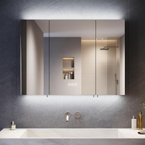 SONNI 3 Türiger Spiegelschrank bad mit Beleuchtung, 90cm Breit Schwarz LED Badezimmer Spiegelschrank mit Touch-Schalter, Steckdose, Beschlagfrei, 3 Einstellbare Lichtfarben, Memory-Funktion
