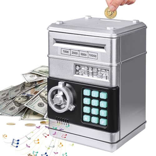 Piggy Bank for Boys Girls, Electronic Money Saving Box Cash Coin Can ATM Bank for Boys Girl Age 3 4 5 6 7 8 9 10 11 12 Birthday Toys Gifts (Silver)