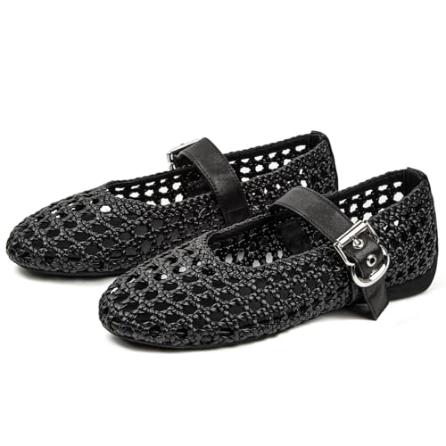 Image of Woven Ballet Flats Mesh Mary Jane Flats for Women Dressy Comfortable Ballerina Flat Round Toe Buckle Strap Mesh Shoes Casual Mary Janes