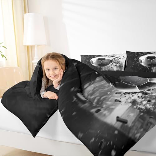 Image of Feelyou 3D Soccer Comforter Set Toddler Size Football Sport Theme Bedding Set for Kids Boys Girls Black Silver Duvet Quilt Bedroom Decor Microfiber 2 Pcs with 1 Pillow Cases