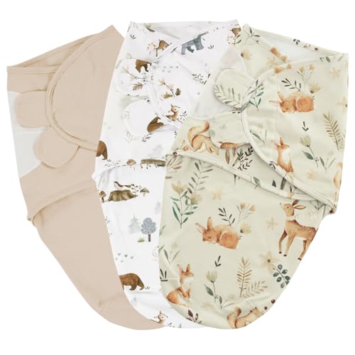 Image of PHF 100% Cotton Baby Swaddle Sleep Sacks for Newborn, 3 Pack Soft Breathable Baby Swaddle Sack 0-3 Months for Boys Girls, Easy Adjustable, Blanket Wrap, Newborn Essentials (Woodland)