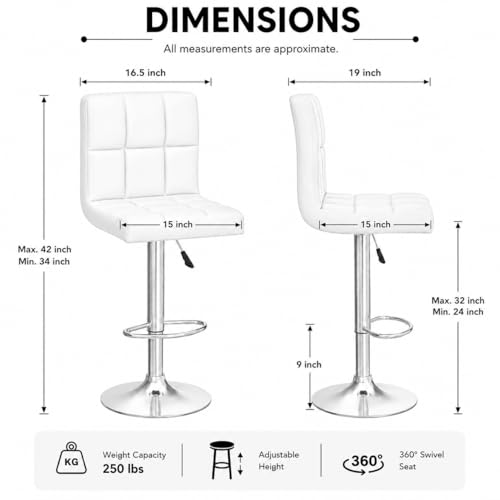 Image of Kemon KaiMeng Modern Adjustable Swivel Bar Stool Chair with Backrest, PU Leather Hydraulic Counter Stool with Footrest for Kitchen Island, Cafe & Home Bar, White, Square Tufted Back Stool