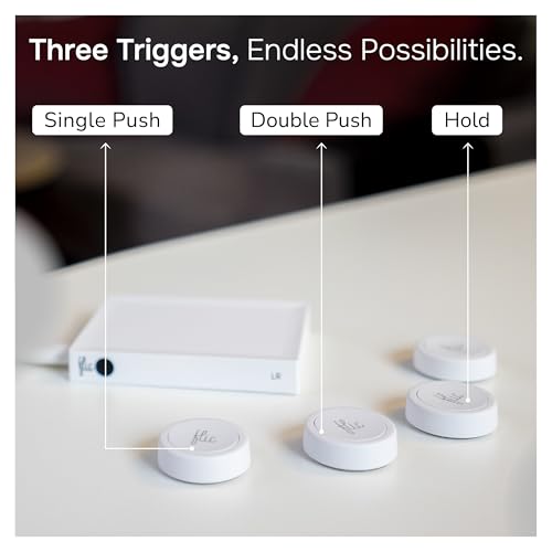 Flic Smart Button 3-Pack | Light Switch, Music Controller, Routine Trigger That Works with Alexa, Matter, Homekit, SmartThings | Easy Guided Install | Customizable | Wireless | UL Certified – White