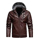 Herren Kapuzenjacke PU Jacke Winter Herbst Dicke Motorrad Lederjacke Winddicht Ledermantel, weinrot, XXXL