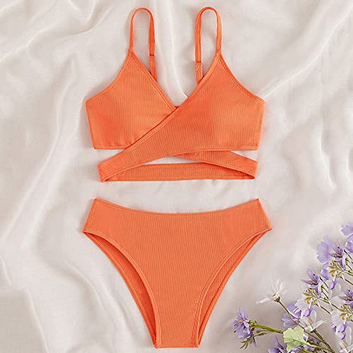 Toddler Girl 2 Piece Swimsuit Sport Solid High Waist Bikini Set Swimwear Bathing Suit Kids Swim (Orange, 11-13 Years)4