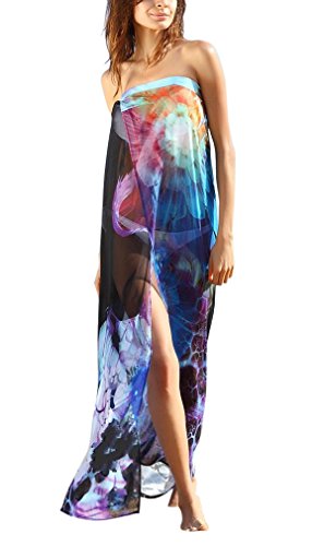 Hikong Copricostume e Pareo Mare Donna Chiffon Fiore Stampato Costumi da Bagno Spiaggia Coprire Bikini Cover Up Beachwear, blu 110x130cm