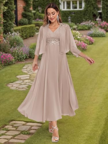 BONOYUER 2 Pieces Mother of The Groom Dress with Jacket for Women Lace Applique Formal Wedding Guest Dress4