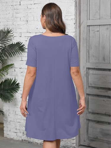 Image of AusLook Plus Size Midi Dress for Women Casual Summer Short Sleeve A Line Swing Dress with Pocket Round Neck Flowy Dress 1X-5X