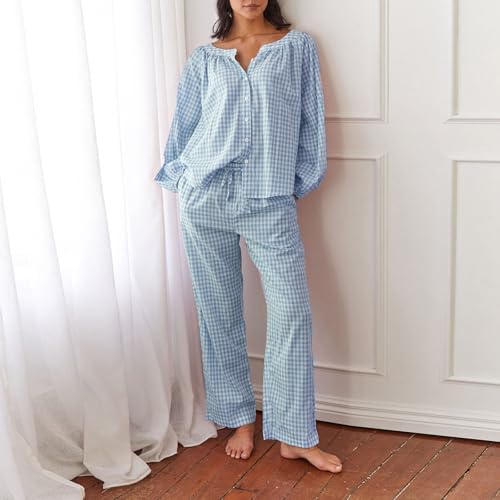 Image of Argeousgor Women Plaid 2 Piece Pajama Set Button Down Puff Sleeve Babydoll Shirt Gingham Pants Pj Lounge Set Sleepwear