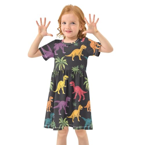 Wusikd Dinosaurs Girl Short Sleeve Tank Dress Colors Leaves Crewneck Twirl Swing Dress for Kids 3T