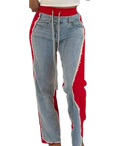 Women's Denim Patchwork Straight Leg Casual Pants Drawstring Elastic High Waisted Raw Hem Baggy Trousers2