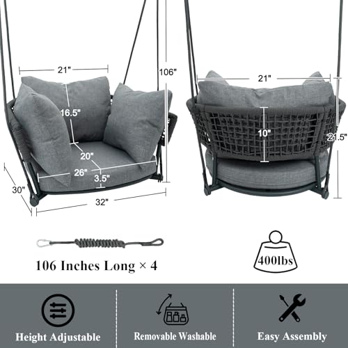Image of Single Porch Swings Chair with Cushions, Hanging Rope Swing, Hanging Chair for Bedroom, Hammock Chairs Swing Indoor & Outdoor, Macrame Hanging Swinging, Patio, Balcony, Light Grey