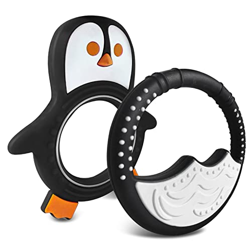 Baby Teething Toys for Newborn, Infants 0-6 Months Silicone Teethers for Babies 6-12 Months BPA Free (Penguin - Black &amp; White)