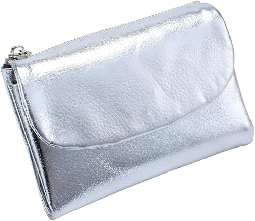 Unisex Pebble Leather Wallet, Genuine Leather Wallet Genuine Full Grain Small Bifold Purse with Credit Card Holder, Natural Stone Texture, Multicolor, for Men & Women (Silver)