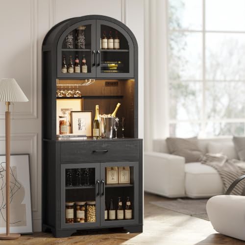 Image of 75 inch Arched Kitchen Pantry Cabinet with Charging Station & LED Light, Tall Coffee Bar Liquor Cabinet Modern Kitchen Hutch with Microwave Stand & Adjustable Shelf for Dining Room
