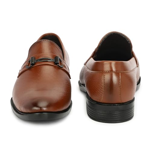 Image of NARKI Men's Tan Formal Loafers - Stylish Slip-On Synthetic Leather Dress Shoes | Textured Office Wear Shoes for Men