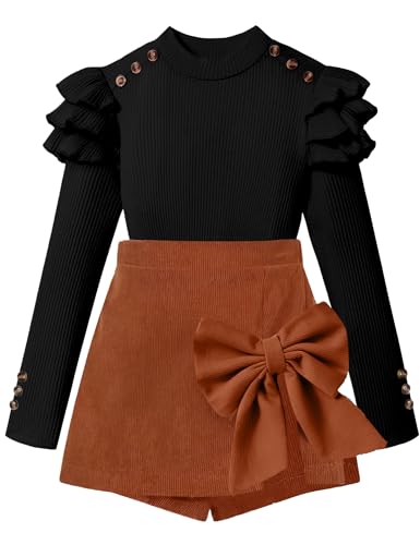 Image of Girls Clothes 2 Piece Ruffle Long Sleeve Shirt Top and Bow Plaid Skirt Set Girls Fall Winter Outfits 6-16 Years