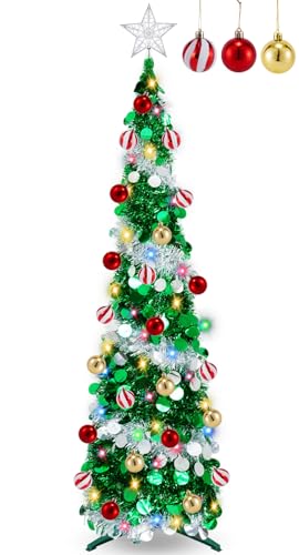 5 Ft Pop Up Tinsel Christmas Tree with 60 Warm White Multi Color Change Lights Glitter Prelit Pencil Christmas Tree with Timer 18 Ball Ornaments for Xmas Tree Home Indoor Decoration Green Sliver