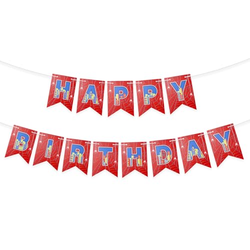 Spider Themed Birthday Banner, Pre-Strung Spiderweb Happy Birthday Sign Cartoon City Design Party Decorations for Kids Boys Baby Shower Supplies
