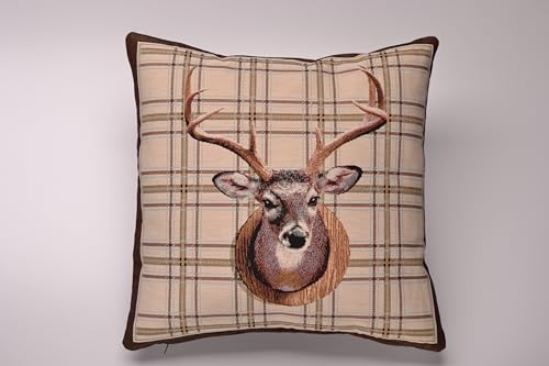 Image of SW Living 18 x 18 Stags Head Check Kelso Animal Woven Tapestry Cushion Cover UK Made (45cm x 45cm)