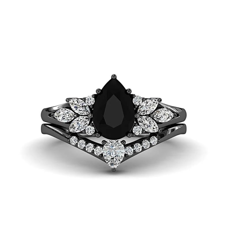 Black Gold Plated Bridal Ring Set for Women S925 Sterling Silver Personalized CZ Pear Cut Black Onyx Ring Set Engagement Band Gift for Mother’s Day