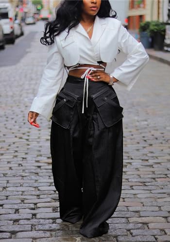 Vakkest Women's Casual Satin Cargo Pants Baggy Wide Leg Folds Pants Streetwear High Waist Palazzo Trousers with Flap Pockets2