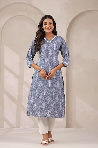 Image of Ichaa Women's Pure Cotton A-Line Ethnic V-Neck Kurta with 3 /4th Sleeve for Daily and Office Wear, in Plus Sizes