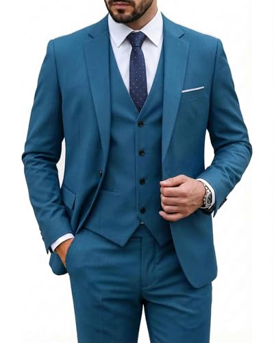 Image of MY'S Men's 3 Piece Suit Set with Tie, One Button Slim Fit Solid Jacket Vest Pants, Prom Party Wedding Business Suits for Men