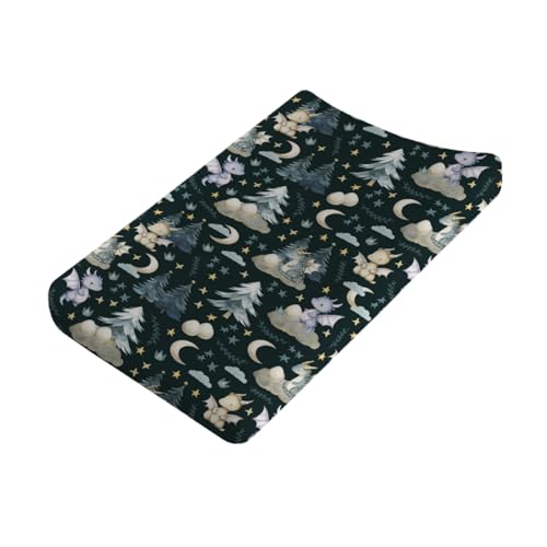 Image of Fairytale Dragons Baby Changing Table Pad Covers Boy Girl 32''x16'' Cute Dragons Eggs Moon Stars Trees Fitted Diaper Change Table Mats Dreamy Animal Soft Breathable Nursery Cradle & Bassinet Sheets