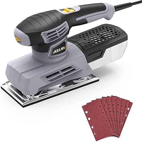 Sander, Jellas 220W 1/3 Sheet Sander, 12000RPM 6 Variable Speeds Electric Sander for Wood with Dust Collection Box, 12Pcs Sanding Sheets, Fast Paper Clamping Mechanism Cover