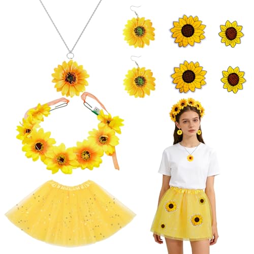 Sonnenblumen Karneval Kostüm Damen LED Licht Blumenkranz Haare + Tüllrock & Stickerei Aufnäher & Halskette & Ohrringe Fasching Karnevalskostüme Party Festival Tanzkleidung DIY Sonnenblumen Set
