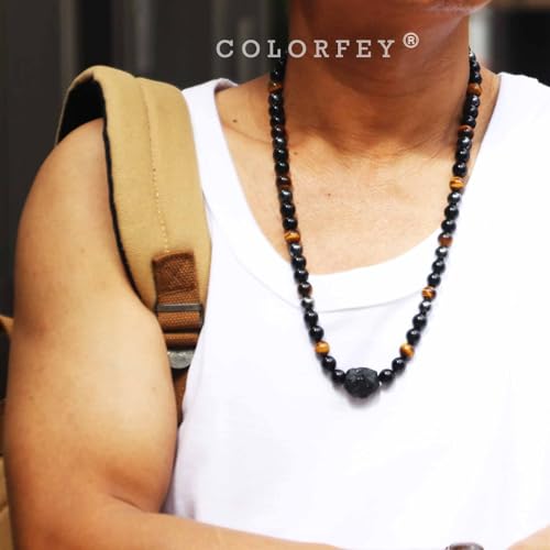 Triple Protection Crystal Necklace for Men, COLORFEY Healing Crystal Tourmaline Necklace Real Tiger Eye Obsidian Hematite Beads Necklace for Men, Premium Mens Beaded Jewelry Gifts for Stress Relief2