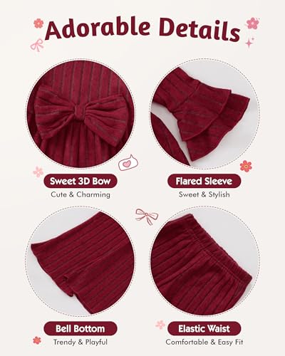 Image of SODLON Baby Girl Clothes Toddler Fall Winter Outfits Ruffle Long Sleeve Bow Top Flared Pants Set Bell Bottom Clothing 18M-5T