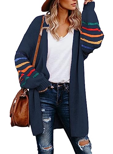 AlvaQ Women's Cardigans Long Sleeve Open Front Rainbow Striped Color Block Loose Casual Womens Oversized Cardigan Ladies Long Lightweight Knit Outwear Coat Jacket Sweaters Blue M UK 10 12