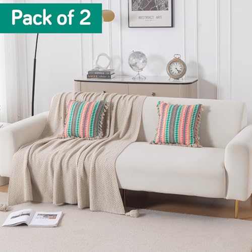 Image of HOKIPO 'Artisan Boho Series' 450 GSM Cushion Cover with Tassels | Cotton Acrylic Jacquard | 16x16 Inch (40x40 cm) | Pack of 2, Mint Green (IN-905-A7*2)