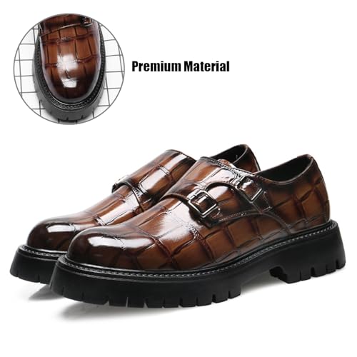 Men's Leather Printed Platform Monk Buckles Dress Loafers Fashion Round Toe Chunky Block Heel Non-Slip Slip-On Formal Business Shoes for Wedding Party Work2