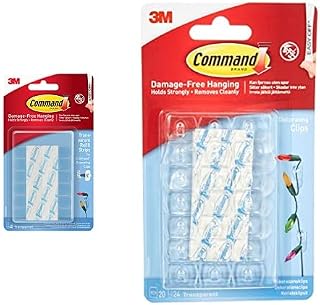 Command Mini Clear Refill Strips 17020CLR & 17026CLR Decorating Clips, Pack of 20 Mini Hooks and 24 Small Adhesive Strips, Transparent - Hanging Clips for Decorations and Fairy Lights, Wall Adhesive