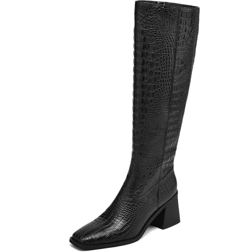 Women's Knee High Boots with Block Heels – Tall Fashion Boots with Side Zipper, Square Toe Long Boots for Fall Winter - Main Image