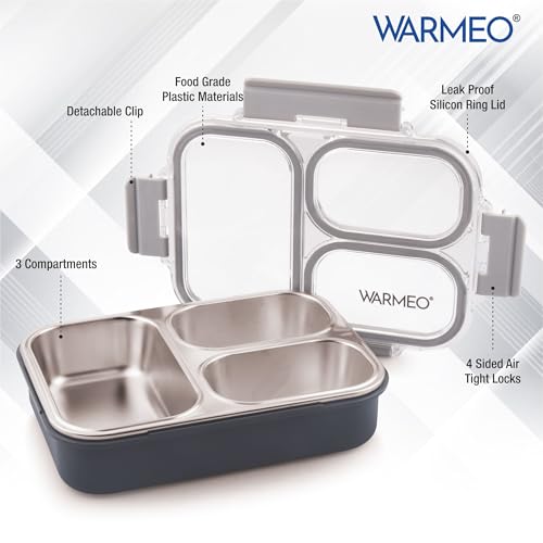 Image of WARMEO BENTO Microwave-Safe Stainless Steel Lunchbox with 3 compartments,bpa Free,Perfect for Office, School, Travelling, 750ml-Grey