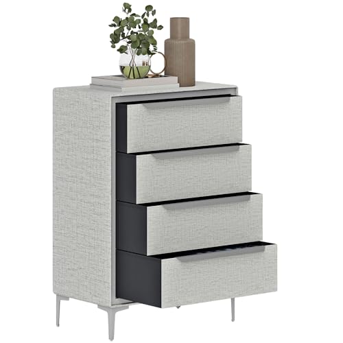 HOMCOM Cassettiera 4 Cassetti in Tessuto Effetto Lino, Cassettiera Camera da Letto Elegante e Moderna con Struttura in Acciaio per Ingresso e Soggiorno, 60x36x88 cm, Grigio