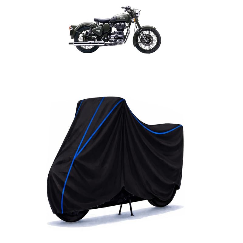 Image of Classic 500 Battle Green Bike Cover Water Resistant Universal Motorcycle Rain | Heavy Duty UV Protection, Dust, Scratch Indoor Outdoor All Weather with Black Blue Piping Elastic