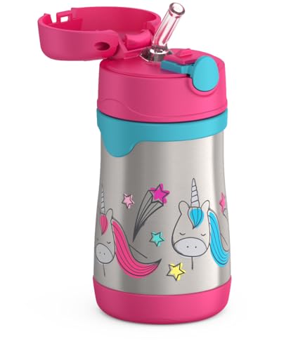 Image of Thermos Baby 10 oz. Stainless Steel Bottle with pop-up straw, Unicorns