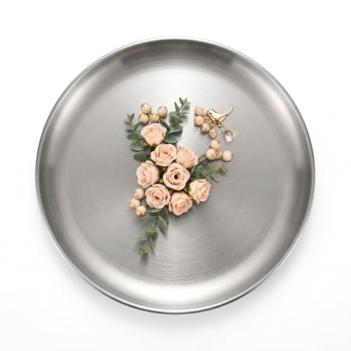 Silver Stainless Steel Plates, Round Decorative Tray for Coffee Table