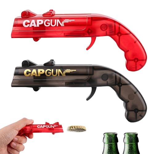 Image of 2 Pcs Beer Bottle Opener Cap Gun, Funny Cap Gun Bottle Opener Launcher Shooter, Caps for Cap Gun for Shooting Game Home Bar Party Christmas, Gift for Him(Transparent Black + Red)